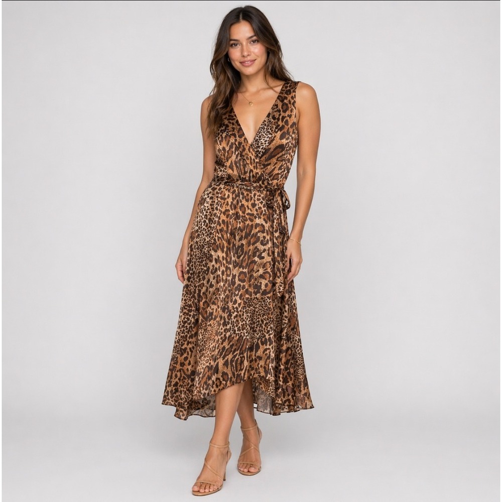 ICE 100% Silk Leopard Print Wrap Dress Size 10 Sleeveless Midi Event Evening